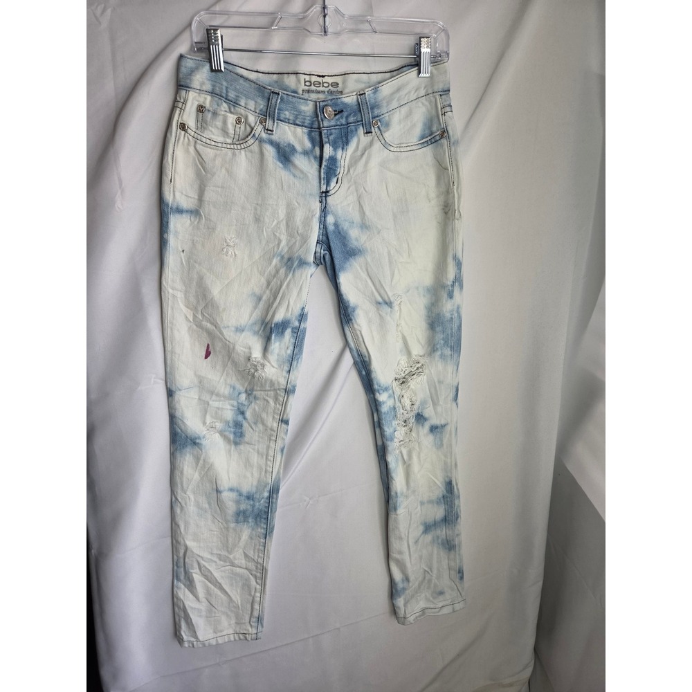 Bebe Premium Denim Jeans Womens Blue Tie Dye Slim Low Rise Skinny